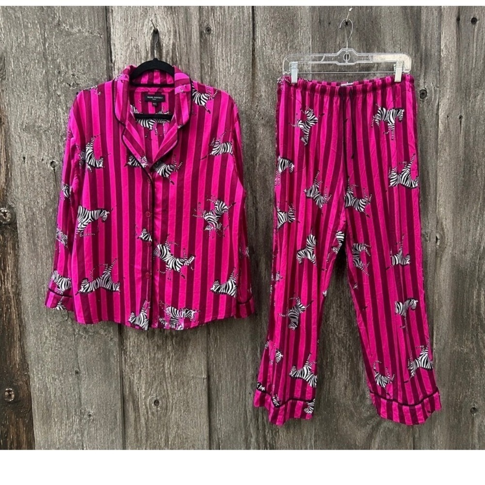 Pink Zebra Pajama Set Stripe Button Up Pants Maximalist Hot Dopamine Whimsical L